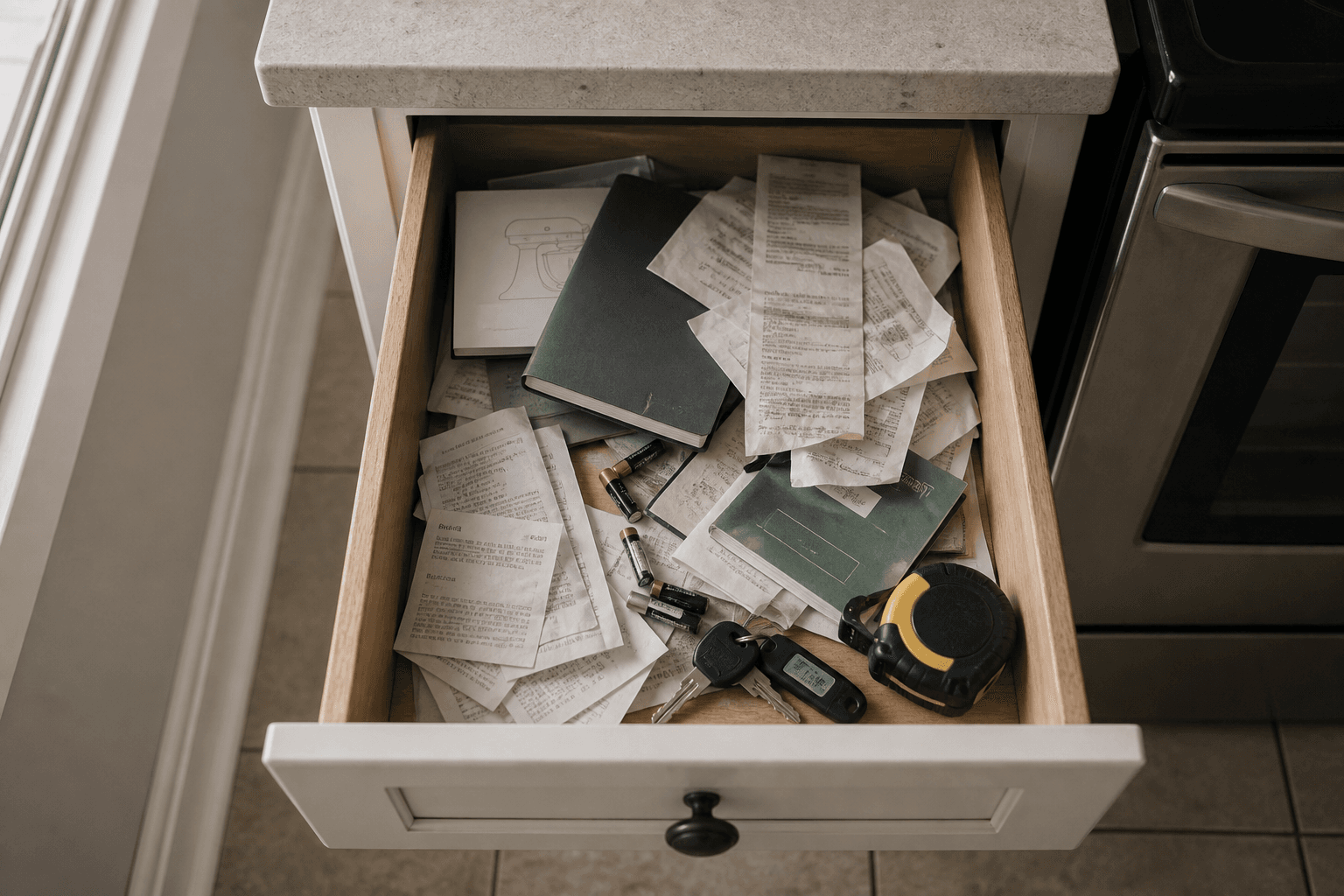 An open kitchen drawer filled with appliance manuals, receipts, a warranty booklet, batteries and keys.