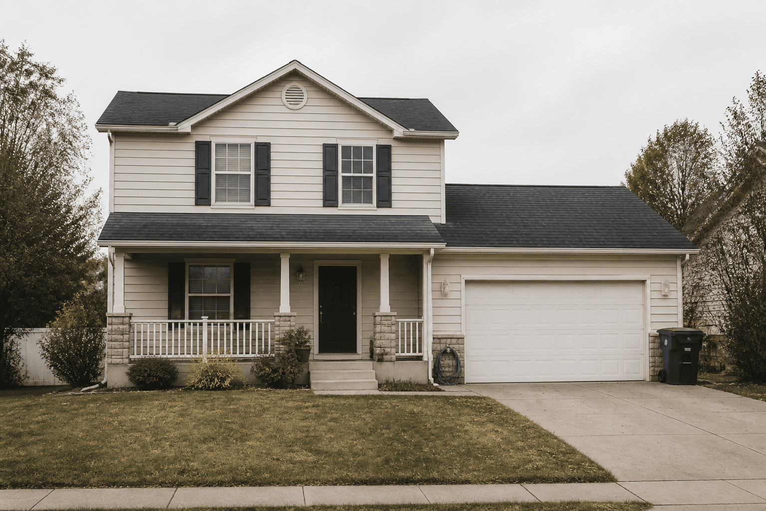 A modest two-storey suburban house on an overcast morning.