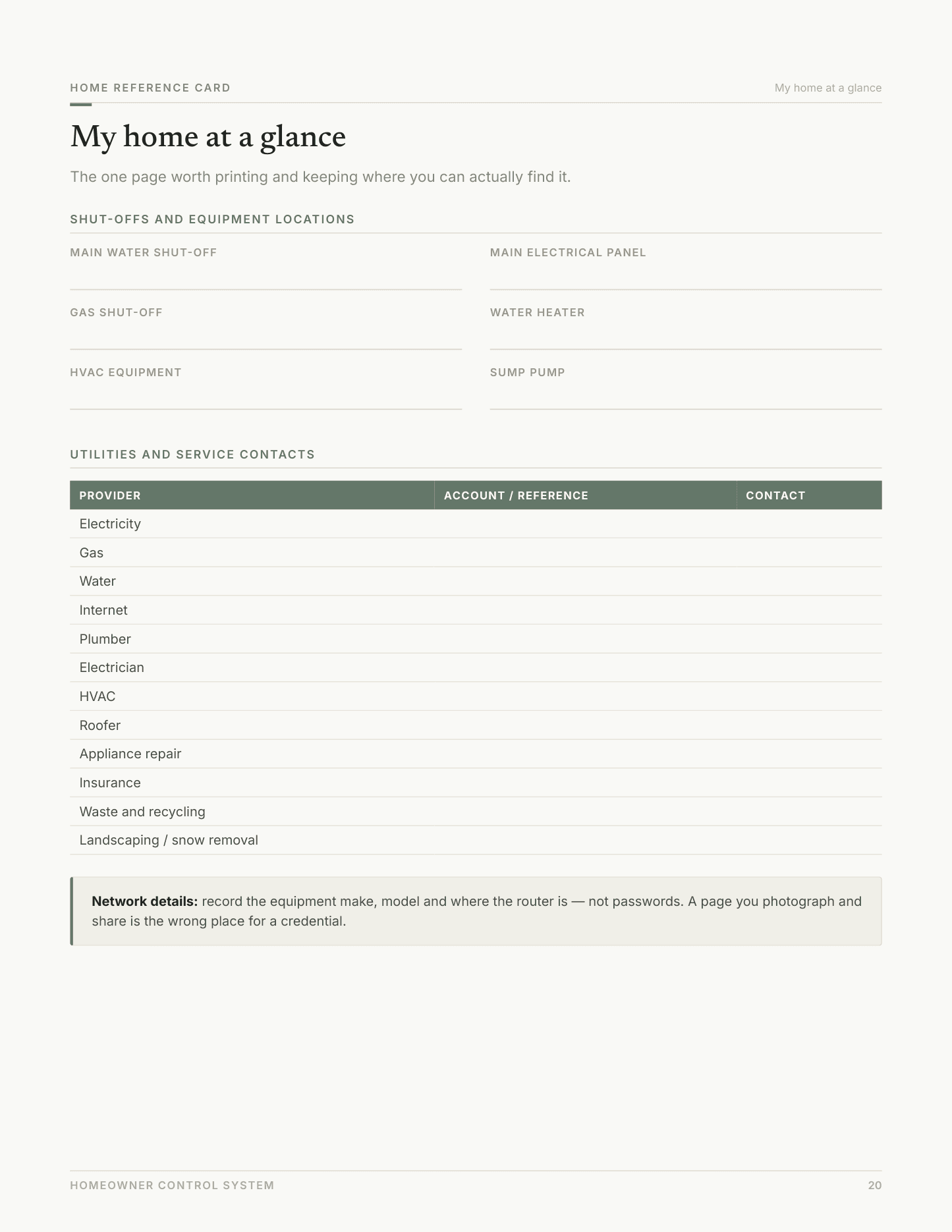 My home at a glance — page 20 of the Systems Passport workbook